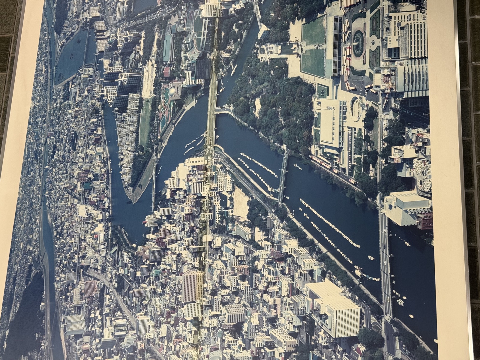 Aerial view showing Hiroshima's delta rivers winding through downtown