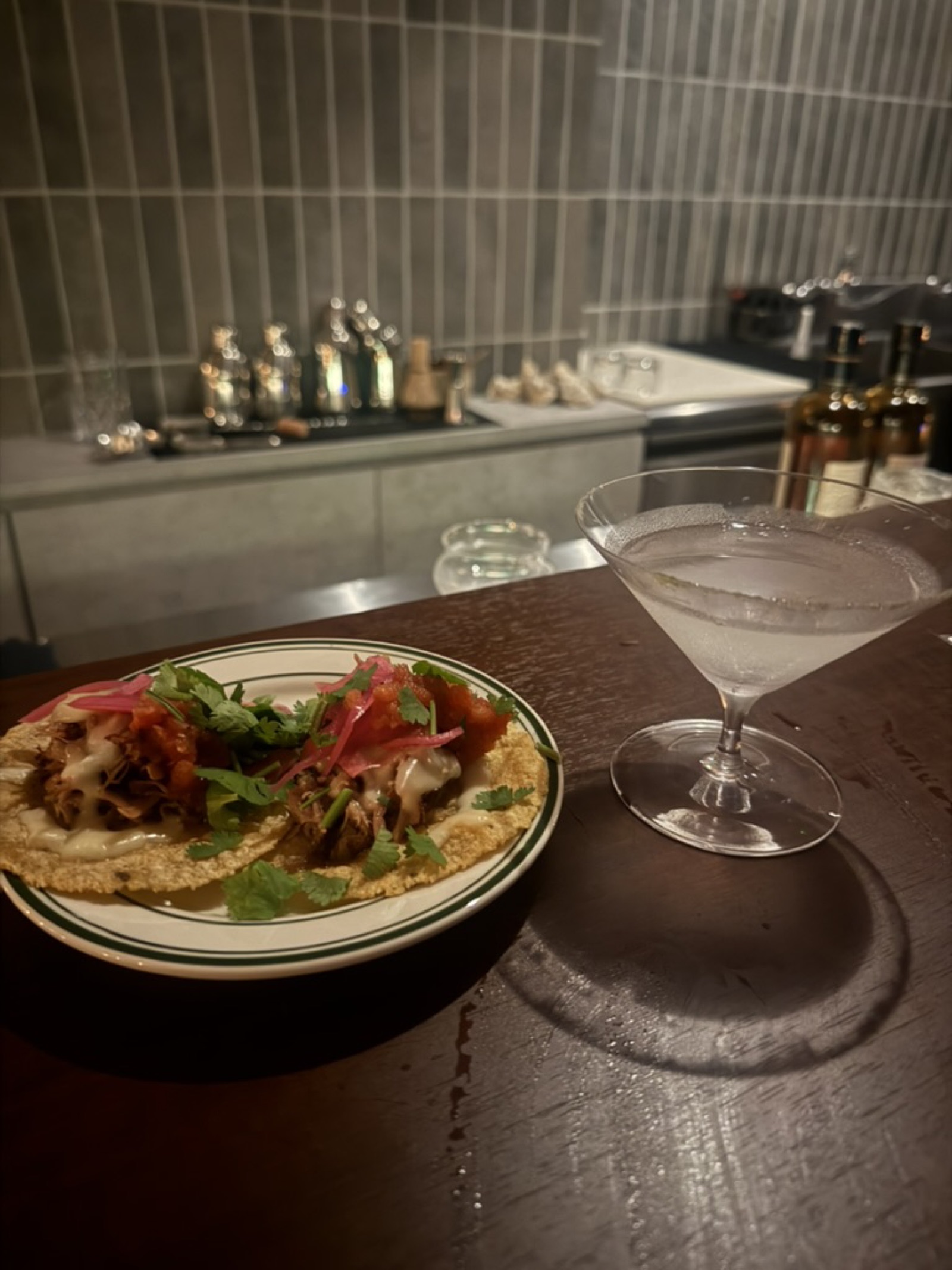 Martini and tacos on the counter at VUELTA in Otemachi Hiroshima